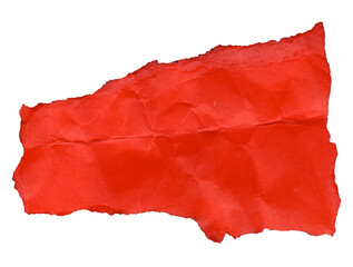 A torn piece of red paper is isolated. The paper has a slightly uneven, jagged edge and is visibly wrinkled, suggesting a textured surface. 