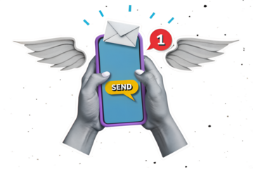 Black and white hands pressing a button on a phone and sending a paper envelope with wings. Modern collage style. Vector illustration