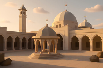 Ancient Mosque Courtyard with Arches Domes and Central Gazebo at Sunrise Islamic architecture