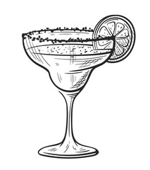 Margarita cocktail with lime hand drawn isolated on white background. Vintage sketch of alcoholic drink glass. Party cocktail. Vector illustration