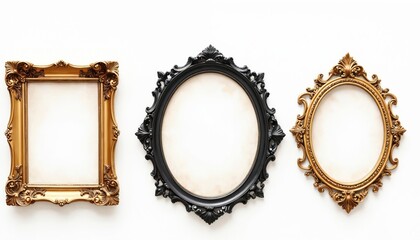 Collection of ornate picture frames featuring gold, black ornate oval, rectangular designs. Vintage wooden frames, perfect for galleries personal photo albums, offer blank spaces for photos art.