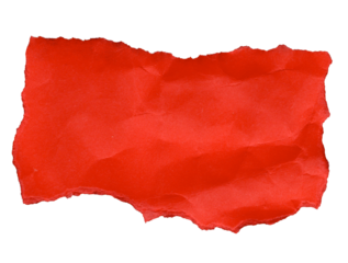 Red torn paper with a prominent creased texture set. The edges are irregular and jagged, creating a unique cutout shape. The material appears wrinkled.