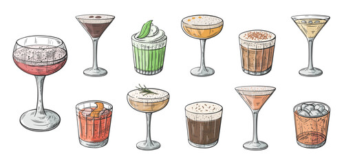 Cocktails and drinks hand drawn set isolated on white background. Vintage sketch of alcoholic colorful party cocktails. Vector illustration