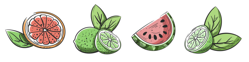 Citrus fruits and watermelon hand drawn isolated on white background. Set of colorful vintage icons of lime, lemon and orange. Sketch of watermelon in section. Vector illustration