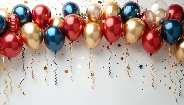 Collection of red, blue, and gold metallic balloons tied with curling ribbons and scattered confetti. Festive decoration for birthdays, celebrations, and parties.