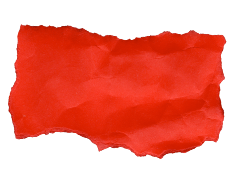 Red torn paper with a prominent creased texture set. The edges are irregular and jagged, creating a unique cutout shape. The material appears wrinkled.