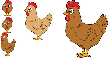 Cartoon hen character set with different styles and colors, farm chicken collection, vector illustration of poultry birds for childrenCartoon hen character set with different styles and colors