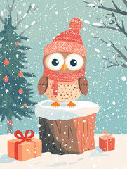 Flat winter poster featuring an owl in a cozy outfit with a gift on a snowy stump, made for seasonal printable use
