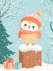 Winter owl sitting on a tree stump with a present, in a snowy forest scene, perfect for printable seasonal decor or holiday home displays