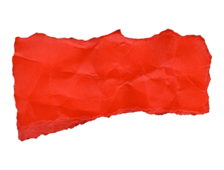 Crumpled red paper scrap with irregular, ripped edges set. The surface shows visible creases and texture, adding depth. Its rectangular shape makes it suitable for design.