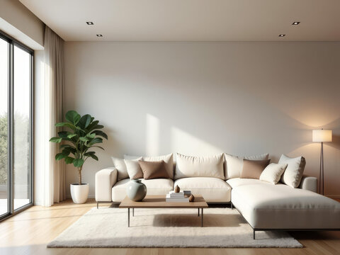 Salon moderne et lumineux au design &eacute;pur&eacute; avec canap&eacute; beige et d&eacute;coration naturelle &eacute;l&eacute;gante