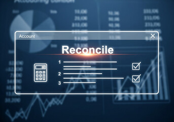 Abstract digital illustration of financial reconciliation on a dashboard, with a pop-up window showing a checklist, calculator, and data, representing modern accounting and business technology.