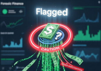 Forensic finance and flagged suspicious money with a glowing dollar bill and caution warning, representing financial security, fraud investigation, and data analysis concepts.