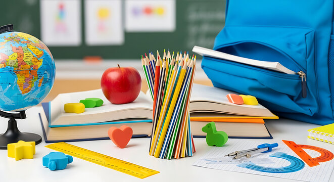 A classroom desk filled with school supplies including books pencils and a globe ready for learning back to school ai generated - Powered by Adobe