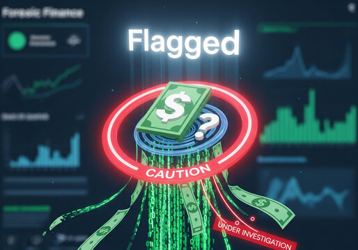 Forensic finance and flagged suspicious money with a glowing dollar bill and caution warning, representing financial security, fraud investigation, and data analysis concepts. - Powered by Adobe