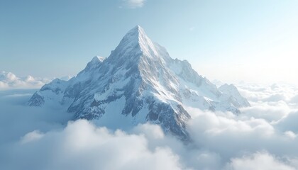 Majestic snow-capped mountain peak pierces sky, surrounded by fluffy white clouds. Vast winter landscape unfolds below, rugged terrain, icy slopes under clear blue sky. Sunlight glints off summit,