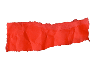 Red cardboard fragment with irregular, rough edges and noticeable wrinkles. Its vibrant color contrasts sharply, highlighting the texture and imperfections. 