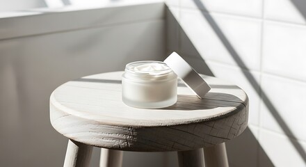 Natural cosmetic cream in an open jar on a wooden stool, illuminated by sunlight in a minimalist bathroom setting.