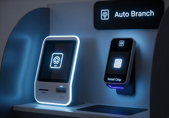 Futuristic auto branch service with glowing digital screens and an automated retail chip scanner, representing modern banking technology, self-service solutions, and financial innovation.