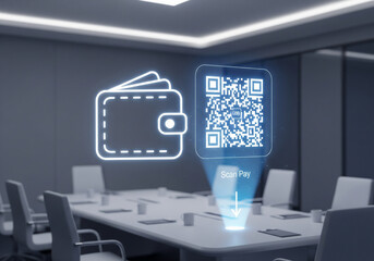 Holographic digital wallet and QR code floating in a modern meeting room, representing secure contactless payment and fast financial transactions using new technology.