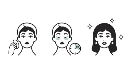 How to use the eye patches step by step, vector illustration. Instructions for using a eye patches. Cosmetology and beauty theme. Skincare routine icons. Korean cosmetics packaging design 