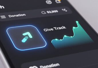 Digital user interface of a 'Give Track' application, featuring a glowing graph and an arrow icon, representing the tracking and management of donations and charitable contributions.
