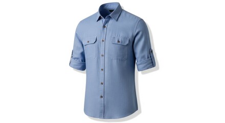 Blue denim long sleeve shirt isolated on white background
