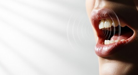 Close-up of a woman's open mouth with sound waves emanating, showcasing teeth and lips