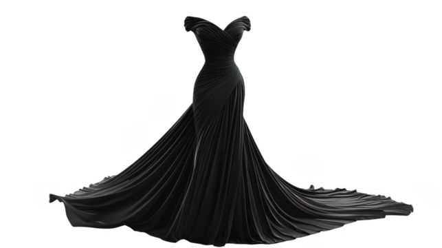 Stunning black gown features elegant draping and off-shoulder design, ideal for formal events or elegant gatherings