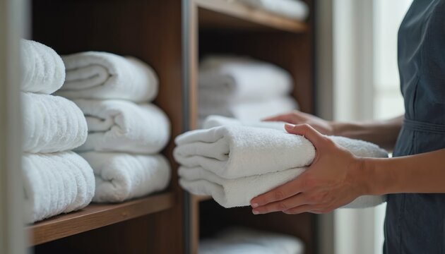 Close-up of hotel housekeeper hands neatly folding white towels in closet. Stacks of clean folded towels on wooden shelves. Pro hospitality service maintaining guest room cleanliness and organization.