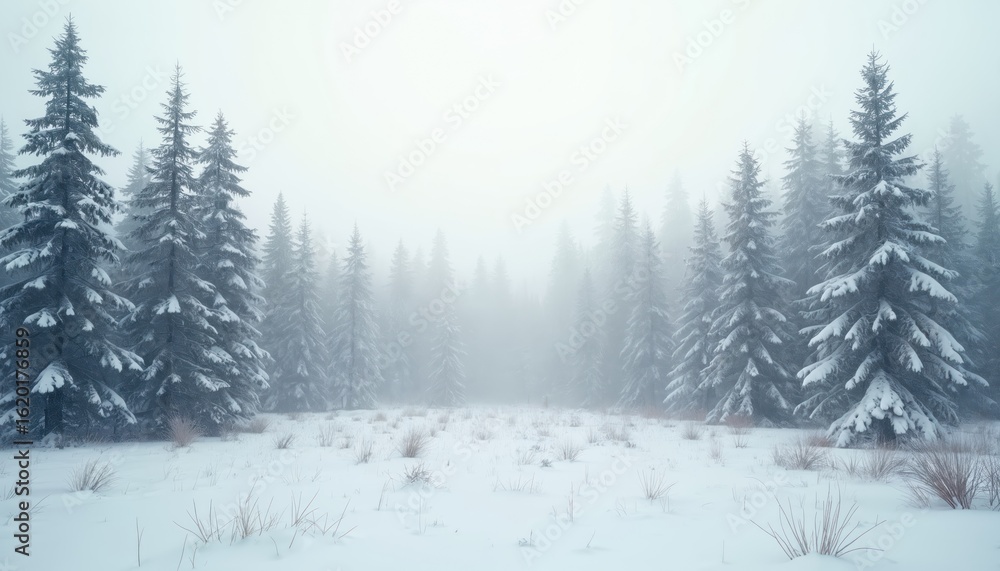 Poster misty winter forest scene with snow-covered pine trees creating peaceful, serene atmosphere. tall ev