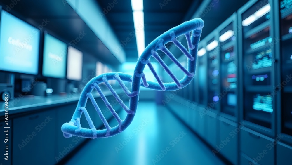 Poster a stunning visual representation of a dna double helix set against a futuristic server room backgrou