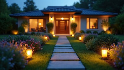 Modern home exterior at twilight features landscaped pathway leading to entrance. Warm garden lights illuminate rich greenery, flowers, shrubs, creating welcoming ambience, enhancing curb appeal.