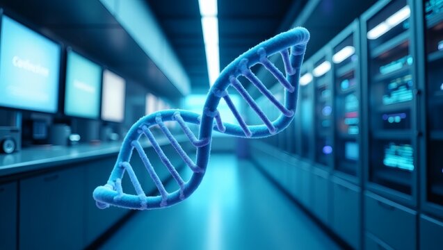 A stunning visual representation of a DNA double helix set against a futuristic server room background - Powered by Adobe