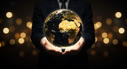 Global business and international leadership concept with businessman holding glowing Earth globe representing power and worldwide corporate strategy vision