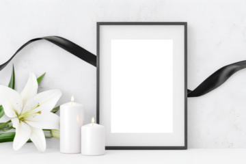 Elegant funeral frame with black ribbon and two candles displayed with white lilies beside it