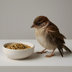 Sadness lonely sparrow with food