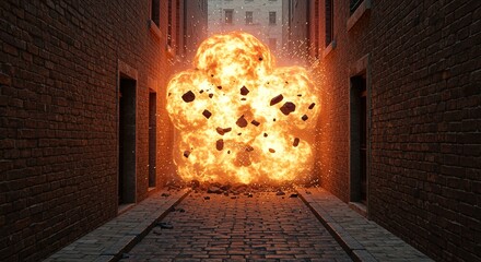 Dramatic Explosion in Urban Alleyway Creating a Destructive Force with Debris and Intense Light Revealing the Power of Destruction
