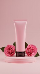 Elegant Pink Cosmetic Tube Mockup with Roses for Beauty and Skincare Product Promotion and Advertising on Pastel Background