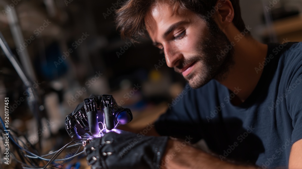 Poster engineer working on robotic hand prototype in workshop during evening hours
