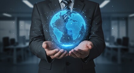 Businessman Holding Holographic Globe Representing Global Technology and Connectivity for a Modern World