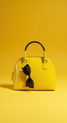 Chic Yellow Handbag with Sunglasses against a Vibrant Background Fashion Accessory
