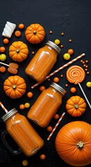 Festive Halloween arrangement featuring pumpkin juice drinks and candy on a dark textured background flat lay top view