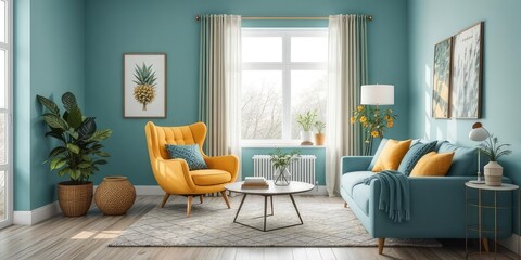 Teal Living Room Relaxation - Yellow Accent Chair & Mockup Frame