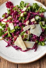 Vibrant arugula salad with delicate shaved parmesan, rustic plate, shadow, parmesan