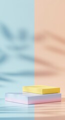 Minimalistic Pastel Product Display Platform with Natural Shadows for Cosmetic Mockup and Showcase in Studio with Half Blue and Peach Background