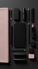 Minimalist beauty and technology flat lay showcasing a smartphone and various beauty accessories on a dark background