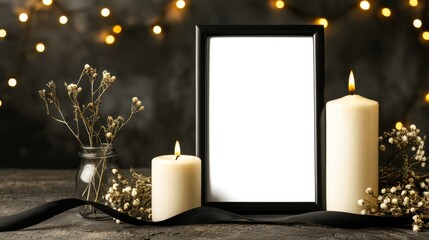 Elegant black funeral frame surrounded by candles and dried flowers on a dark table