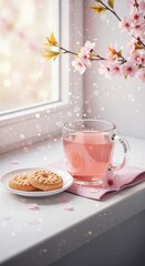 Relaxing Spring Morning with Tea and Cookies Cherry Blossoms and Peaceful Ambience by the Window