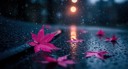 Autumn Rain Pink Leaves Reflecting Light Capturing the Beauty of the Season Dark Background Atmospheric Still Life Photography